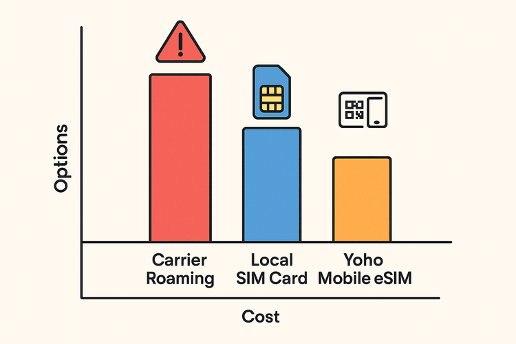 Infographic comparing the high cost of carrier roaming to the more affordable options of local SIM cards and Yoho Mobile eSIM.