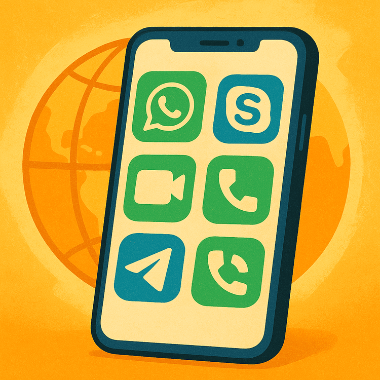 Logos of popular VoIP calling apps like WhatsApp and Skype used for international calls.