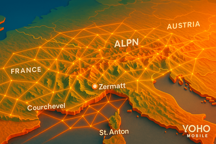 Map of the European Alps showing Yoho Mobile's seamless eSIM data coverage across France, Switzerland, and Austria's ski resorts.
