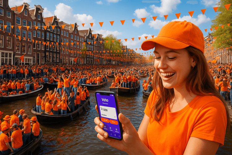 A vibrant celebration on the canals of Amsterdam during King's Day, with boats full of people in orange.