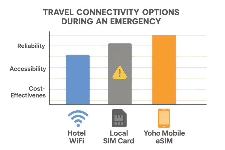 A comparison chart showing that a Yoho Mobile eSIM is more reliable and accessible during a travel emergency than hotel Wi-Fi or a local SIM card.