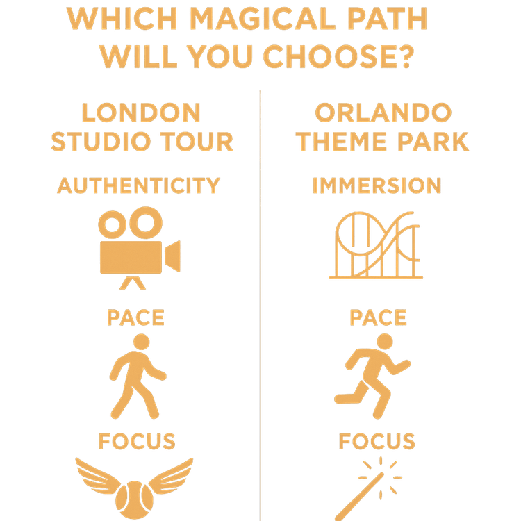 An infographic chart comparing the London Studio Tour's authenticity with the Orlando Theme Park's immersive rides.