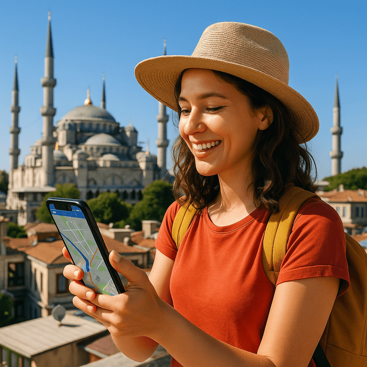 A traveler uses her phone with an eSIM for navigation in Istanbul, with the Blue Mosque in the background.