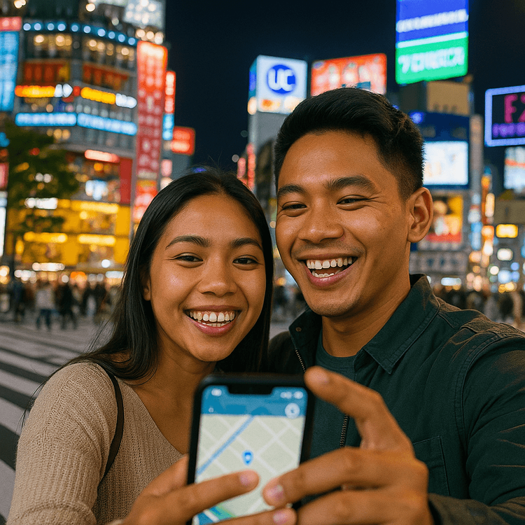 A happy Filipino couple using their phone with a Yoho Mobile eSIM for navigation at Shibuya Crossing, Tokyo.