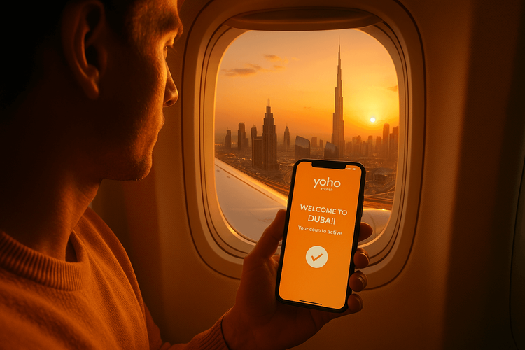 An Emirates passenger arriving in Dubai with their Yoho Mobile eSIM already active and connected on their smartphone.