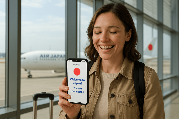A traveler using a Yoho Mobile eSIM for instant connectivity after her Air Japan flight to Narita airport.