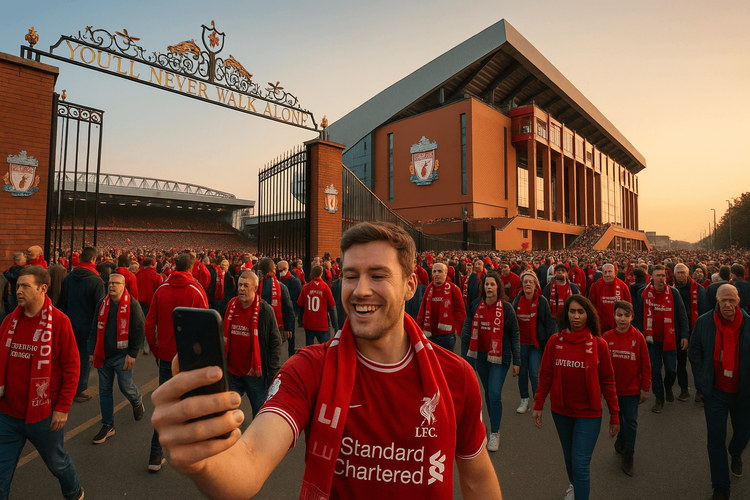 Excited Liverpool fans walking towards Anfield Stadium on a vibrant match day.