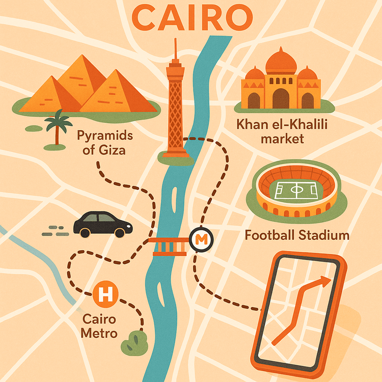 Illustrated map of Cairo for tourists, showing pyramids, a football stadium, and transportation options.