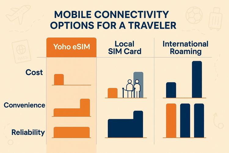 A comparison chart showing the benefits of Yoho eSIM over local SIM cards and international roaming for cost and convenience.