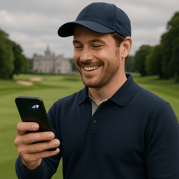 A happy golf fan using their smartphone with a Yoho Mobile eSIM at a beautiful Irish golf course.