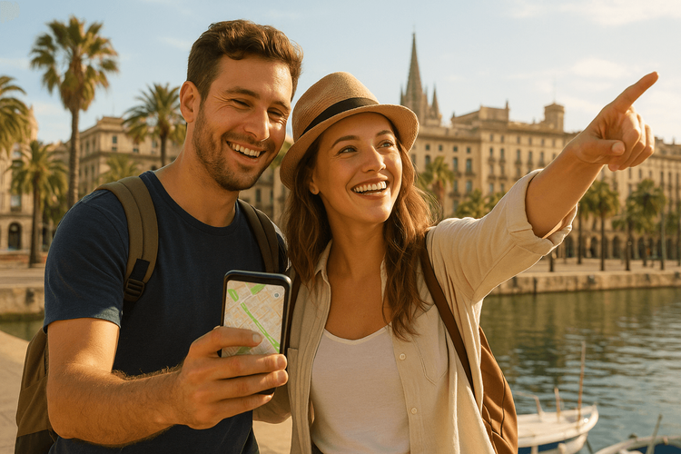 A couple happily using a phone with a Yoho Mobile eSIM for navigation during a Mediterranean cruise shore excursion in Barcelona.