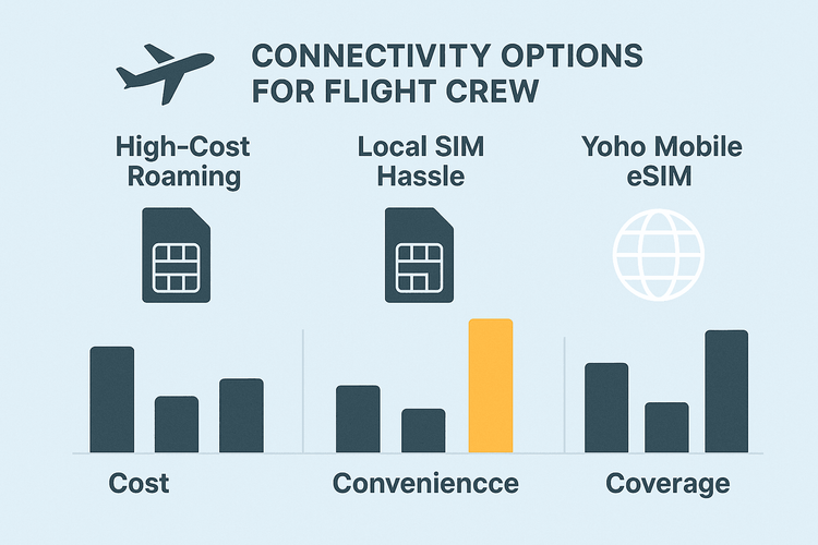 Infographic comparing the cost and convenience of Yoho Mobile eSIM against traditional roaming and local SIMs for flight crews.