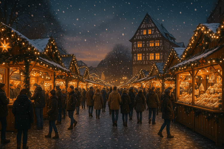 A magical evening at a traditional German Christmas market with festive lights and snow.