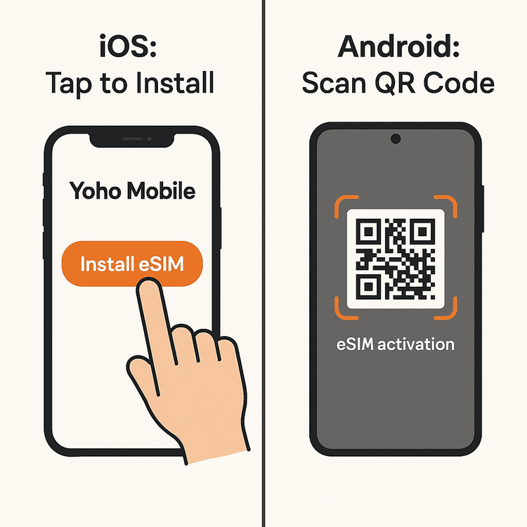 An illustration comparing the simple one-tap eSIM installation on iOS with the QR code scan method on Android for Yoho Mobile.