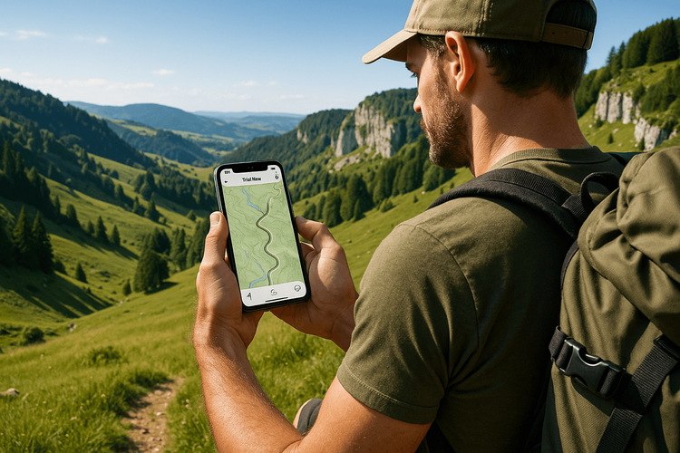 Hiker using a smartphone with a reliable Yoho Mobile eSIM connection in the Jura Mountains, Switzerland.