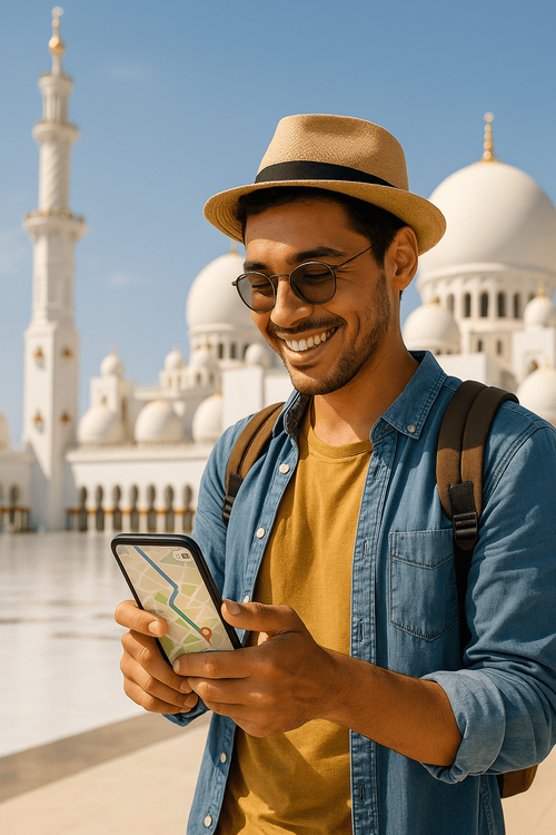 A traveler using a Yoho Mobile eSIM for navigation in Abu Dhabi.