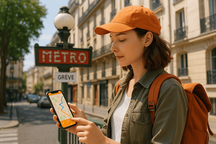 A traveler calmly uses her smartphone to navigate a Paris transport strike.