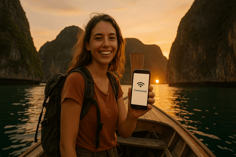 Backpacker enjoying seamless connectivity with an eSIM while traveling through Southeast Asia.