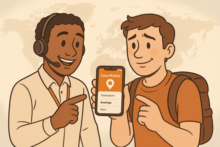 A Yoho Mobile customer support agent helping a traveler with their eSIM on their smartphone, demonstrating excellent service.