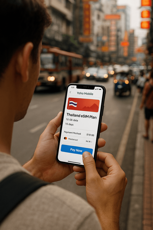 A traveler easily purchasing a Yoho Mobile eSIM plan for their trip to Thailand directly from their smartphone.
