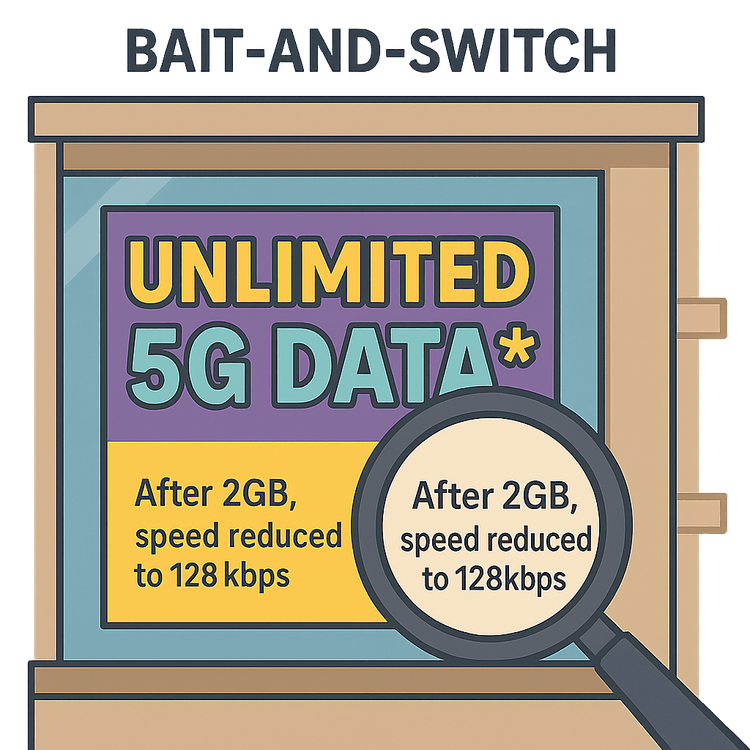 An illustration of a deceptive 'Unlimited Data' sign with fine print revealing speed throttling, a common tourist SIM card trap.