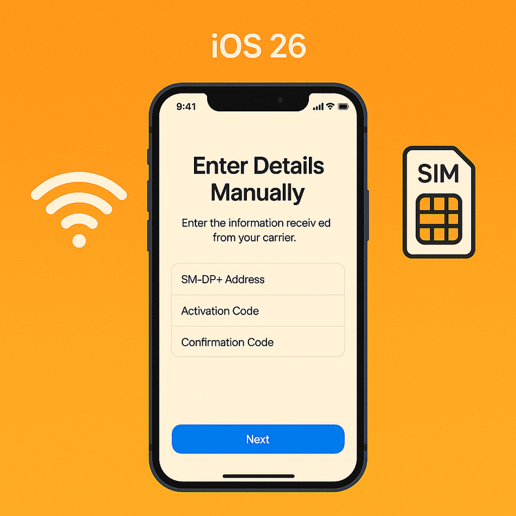 Items needed for manual eSIM activation on iOS 26: a compatible iPhone, Wi-Fi, and activation details.