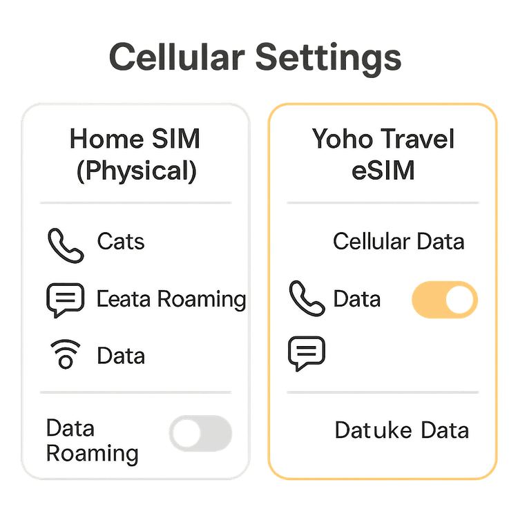 Diagram showing how to set up dual SIM settings for travel, with data on eSIM and roaming off on physical SIM.