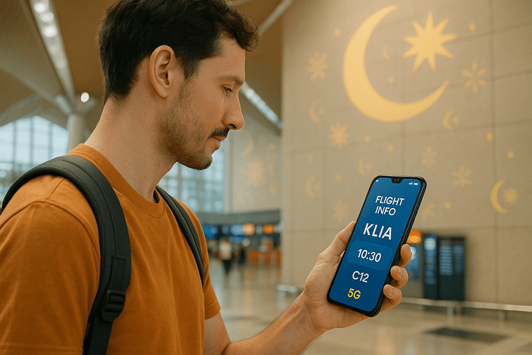 A traveler stays connected and checks flight status at KLIA airport during Merdeka celebrations using a reliable mobile data plan.