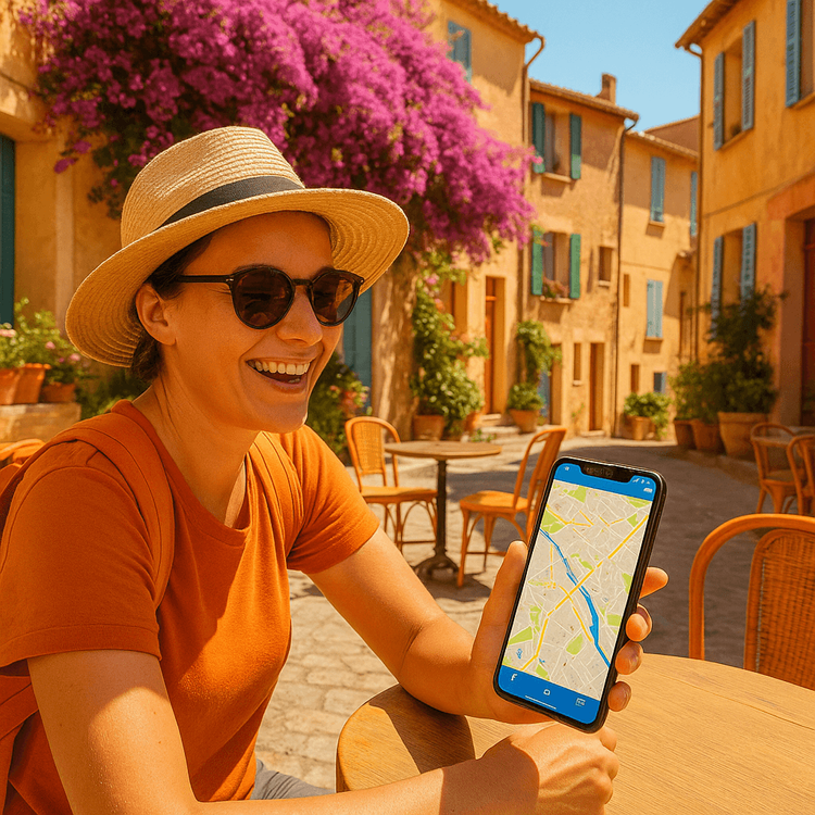 Traveler using a Yoho Mobile eSIM on their phone at a café in the French Riviera.