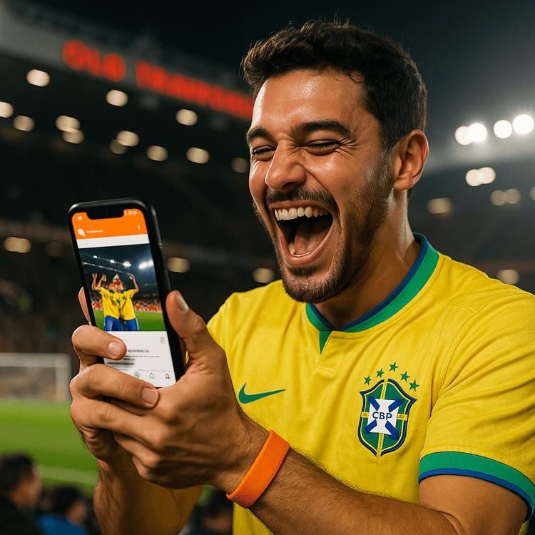 A happy Brazilian fan using his phone with a Yoho Mobile eSIM at an Old Trafford match in Manchester.