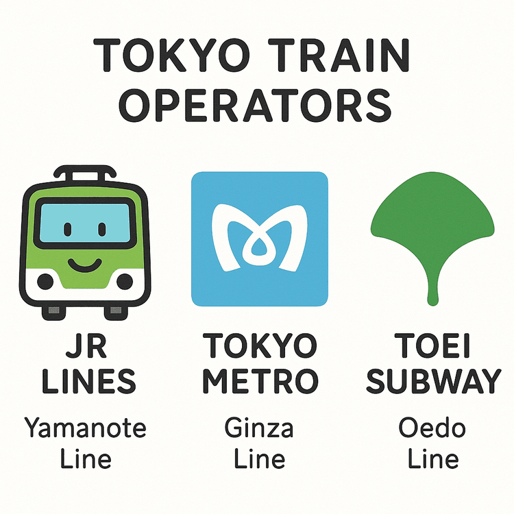 An illustration clarifying the main train and subway operators in Tokyo: JR, Tokyo Metro, and Toei.