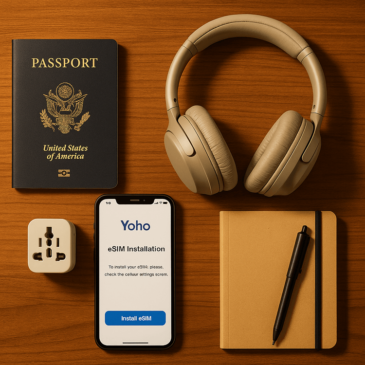 A flat lay of travel essentials including a passport, smartphone with Yoho Mobile eSIM, and a travel adapter.