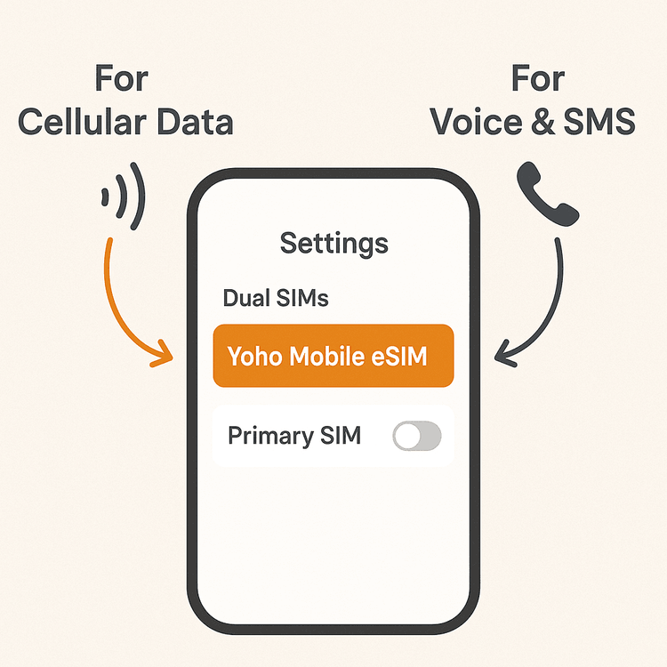 Diagram showing how to set a data-only eSIM for cellular data and a primary SIM for calls and texts on a smartphone.