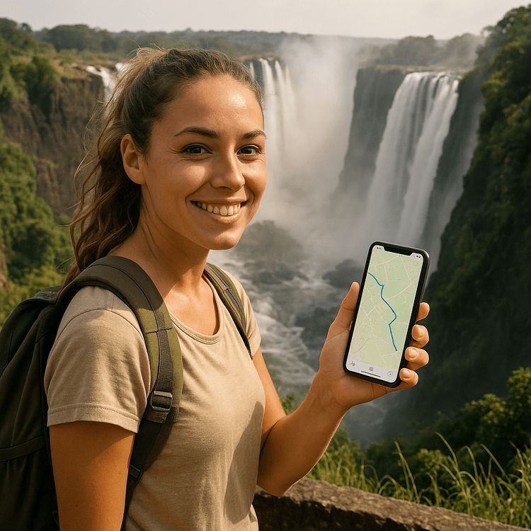 A traveler using her phone for navigation at Victoria Falls, Zambia, thanks to her reliable eSIM data plan.