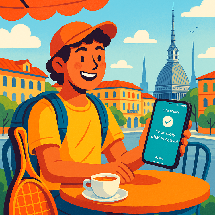A tennis fan easily installing a Yoho Mobile eSIM on their phone while at a cafe in Turin before the ATP Finals.