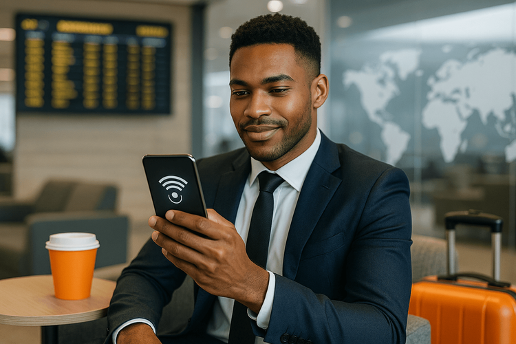 A young entrepreneur using his smartphone with global eSIM connectivity in an airport lounge.