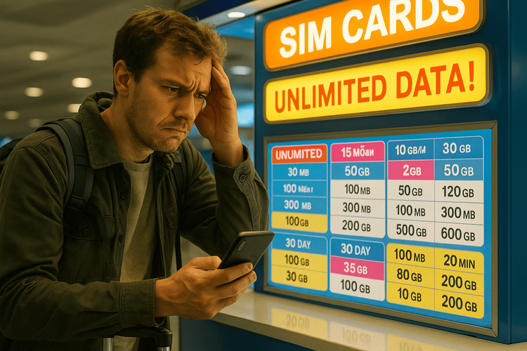 A frustrated traveler confused by overpriced and complicated SIM card plans at an airport kiosk.