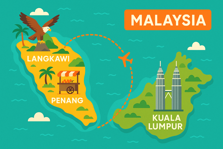Illustrated map of Malaysia highlighting key travel destinations like Kuala Lumpur and Penang for eSIM users.