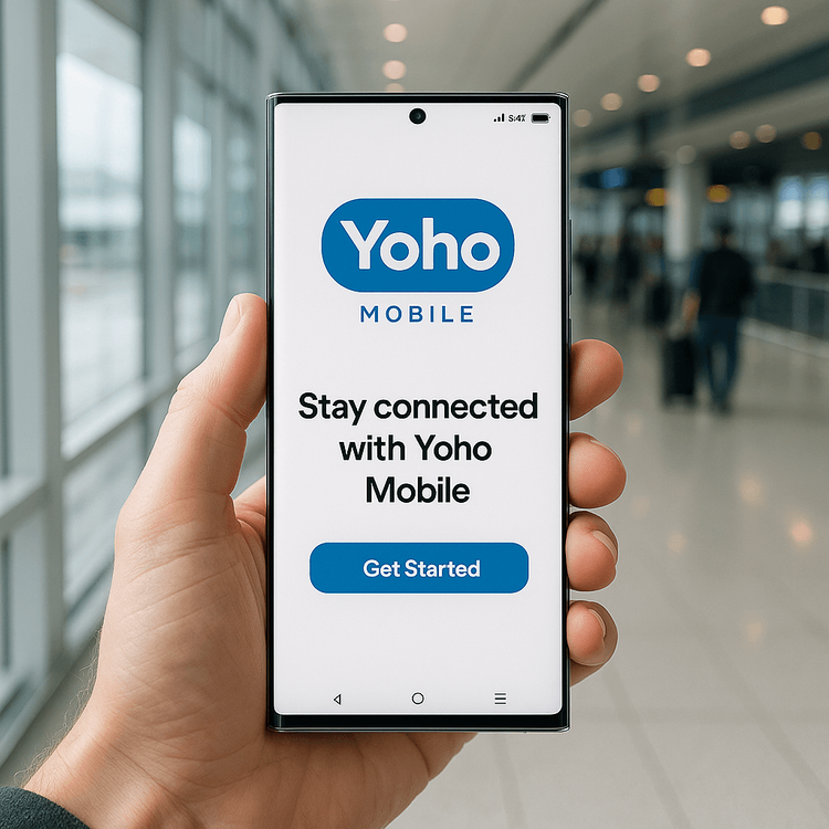 A person holding a Samsung Galaxy phone displaying the Yoho Mobile website in an airport.