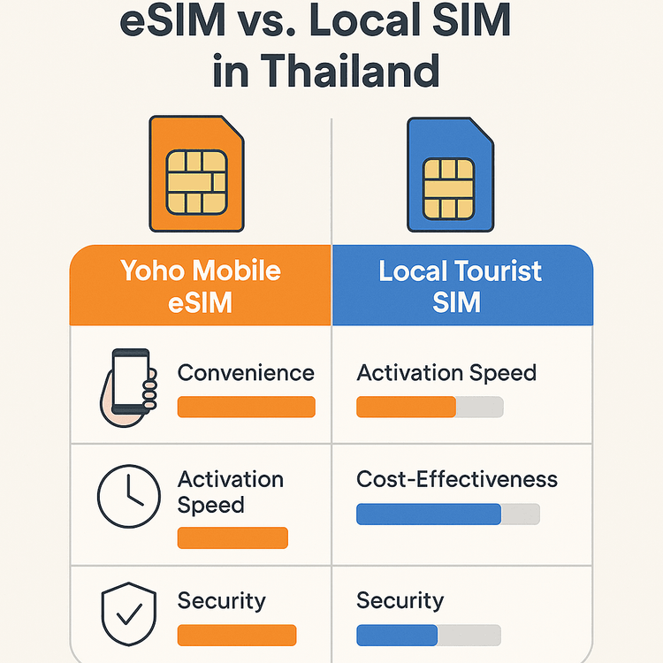 Infographic comparing the convenience, speed, cost, and security of a Yoho Mobile eSIM versus a local tourist SIM card in Thailand.
