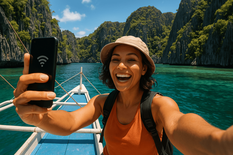 A happy traveler uses their phone with Yoho Mobile eSIM data while on a boat in Palawan, Philippines.