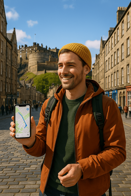 A traveler using their phone with a strong Yoho Mobile eSIM connection to navigate the historic streets of Edinburgh.