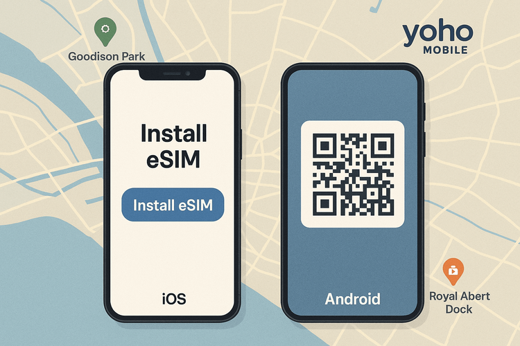 Illustration showing the simple eSIM installation process for iOS and Android with Yoho Mobile.