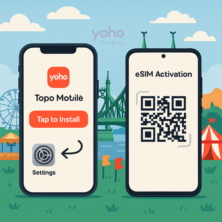 An illustration of the easy eSIM activation process for both iOS and Android users with Yoho Mobile.