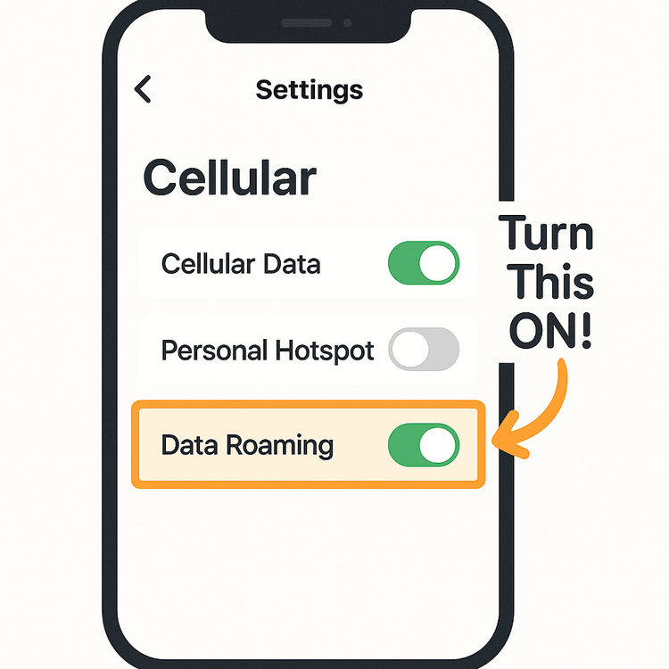 Diagram showing how to enable the Data Roaming toggle in a smartphone's settings for an eSIM.