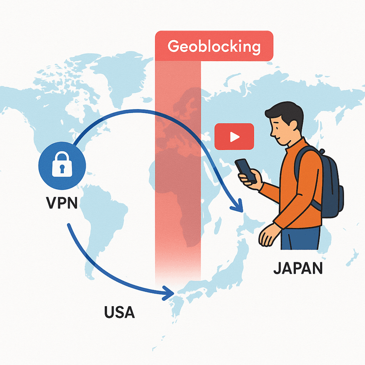 Diagram explaining how a VPN bypasses geoblocking for streaming services abroad.