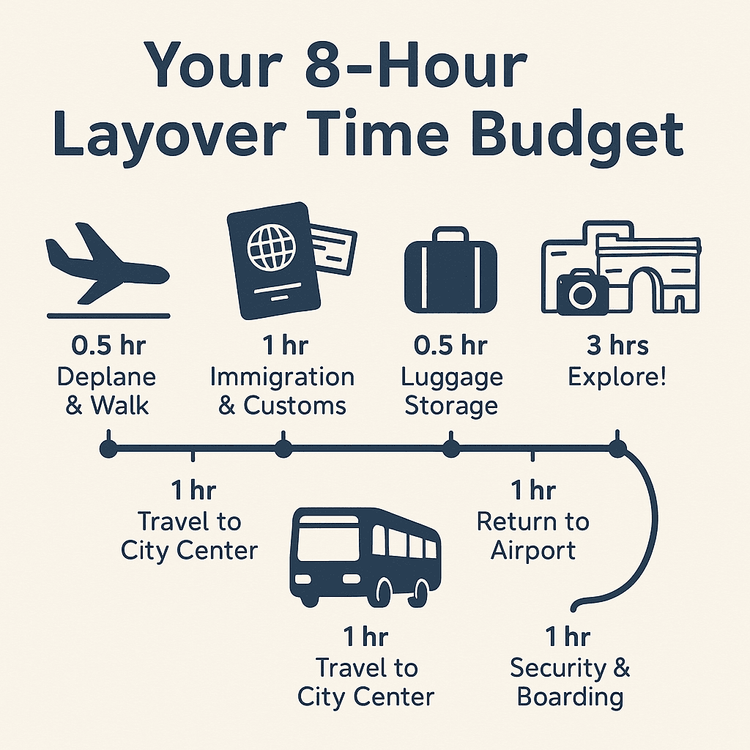 An infographic breaking down the time needed to safely leave the airport during an 8-hour layover.