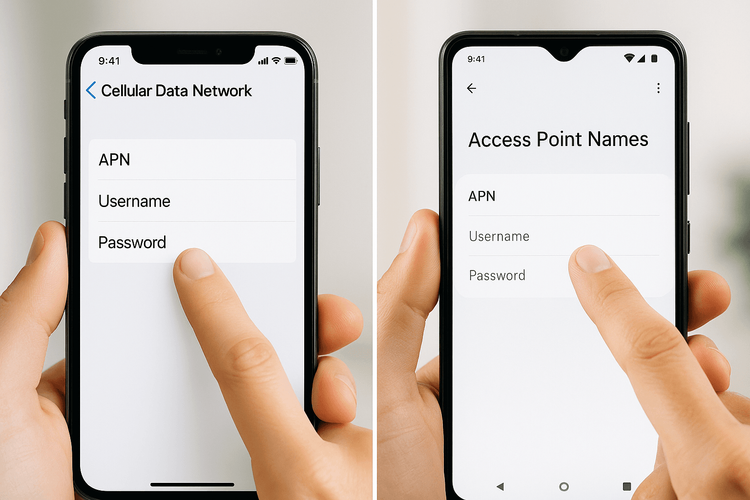 Side-by-side view of APN settings on iOS and Android phones.