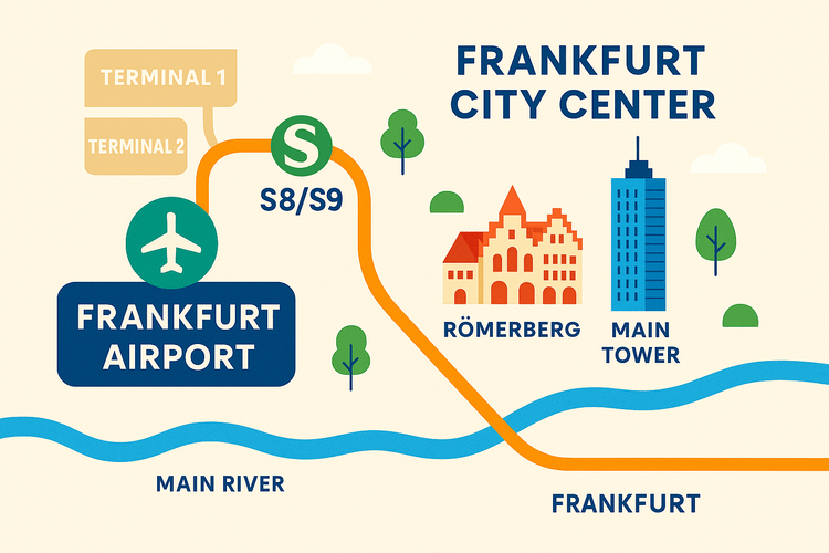 Map showing the train route from Frankfurt Airport to the city center for a layover trip.