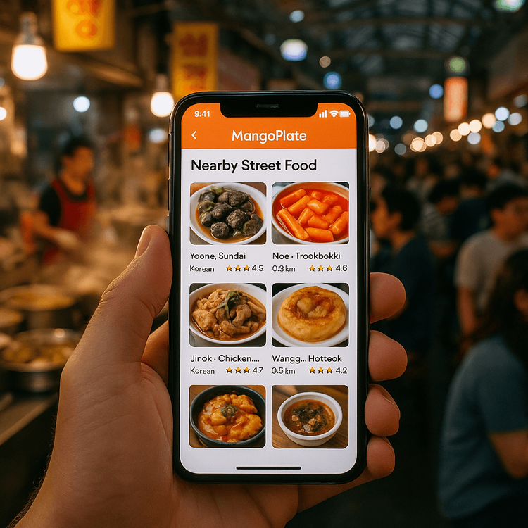 A traveler using a Korean food app on their smartphone to discover top-rated street food in a busy Seoul market.